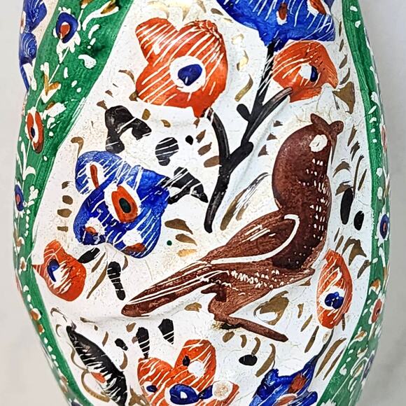 Vintage Persian Hand-Painted Metal Vase with Textured Flowers & Bird 8.5" - Picture 3 of 8
